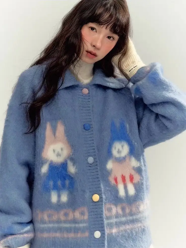 토끼 컬러 버튼 폴드 칼라 가디건 상세 이미지 1