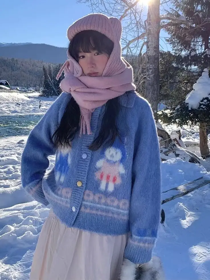 토끼 컬러 버튼 폴드 칼라 가디건 상세 이미지 2