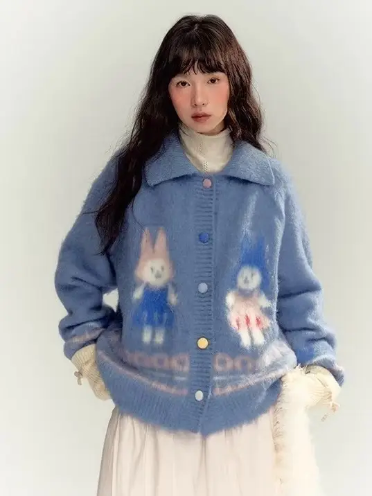 토끼 컬러 버튼 폴드 칼라 가디건 상세 이미지 3