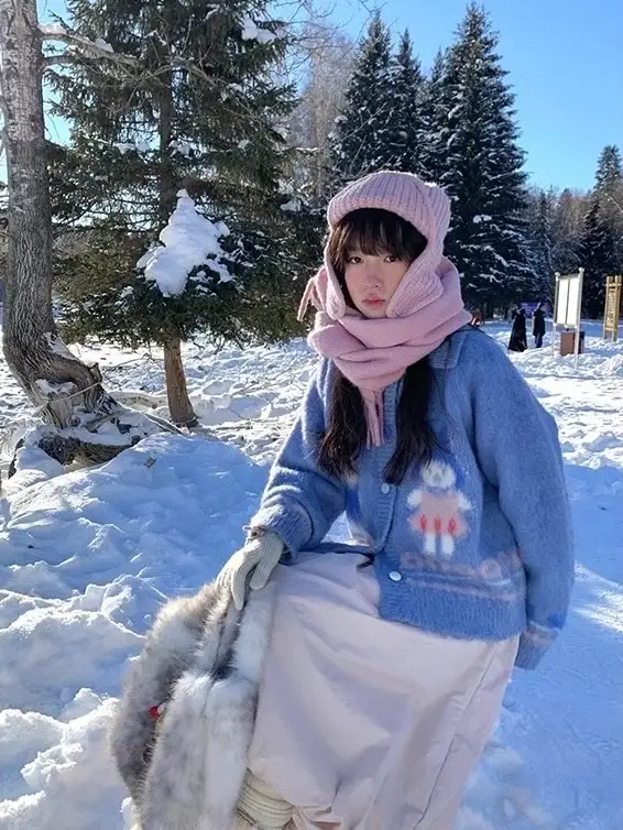 토끼 컬러 버튼 폴드 칼라 가디건 상세 이미지 4