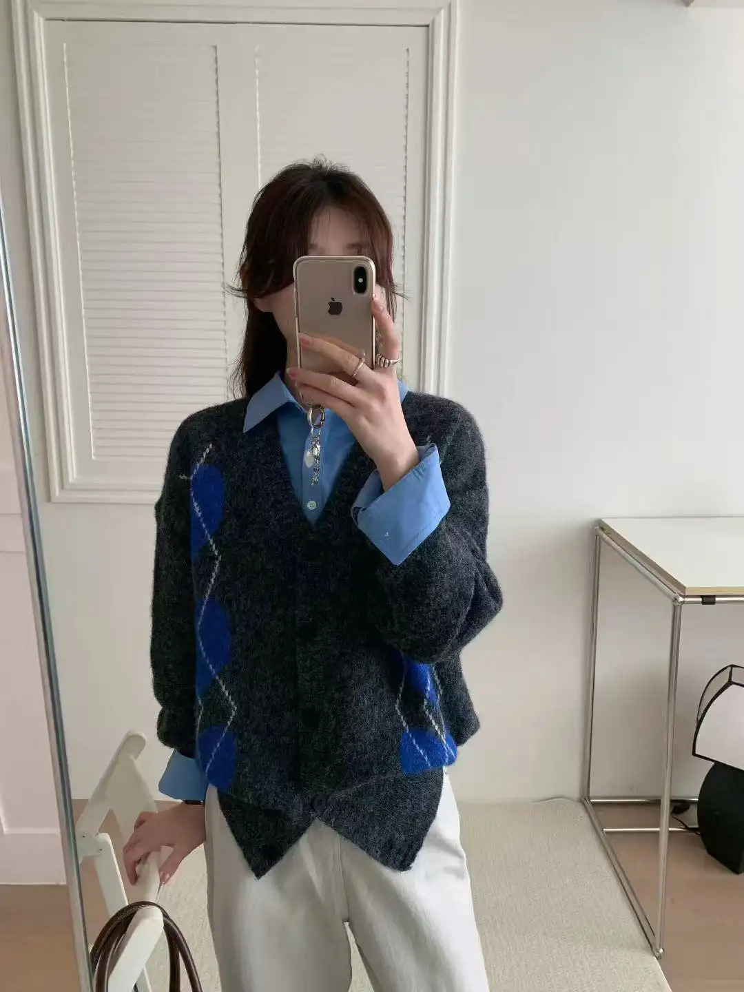 하트 다이아몬드 자카드 라운드넥 니트 가디건 상세 이미지 2