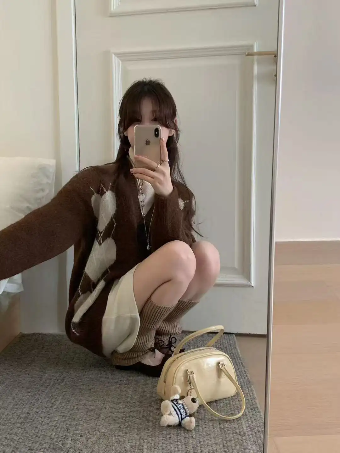 하트 다이아몬드 자카드 라운드넥 니트 가디건 상세 이미지 6