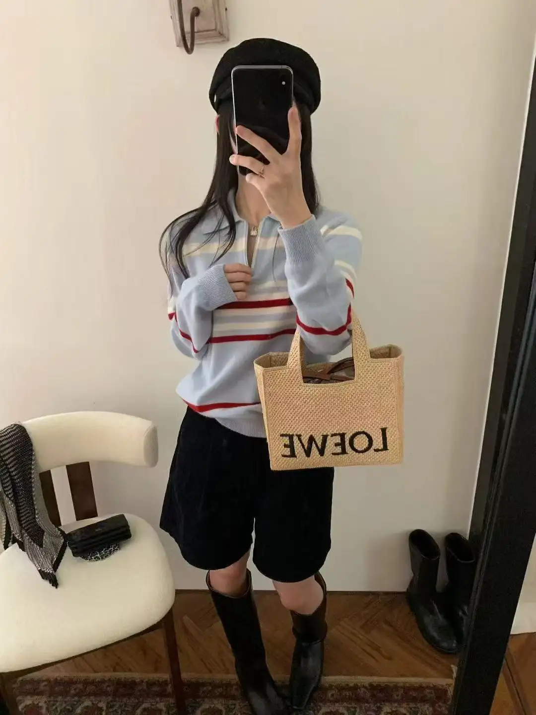 레트로 폴드 칼라 하프 집업 스트라이프 니트 상세 이미지 5