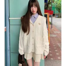 批发韩系秋冬软糯<b class='q'>海军</b>领<b class='q'>制服</b>宽松毛衣外套女学院风慵懒风针织开衫