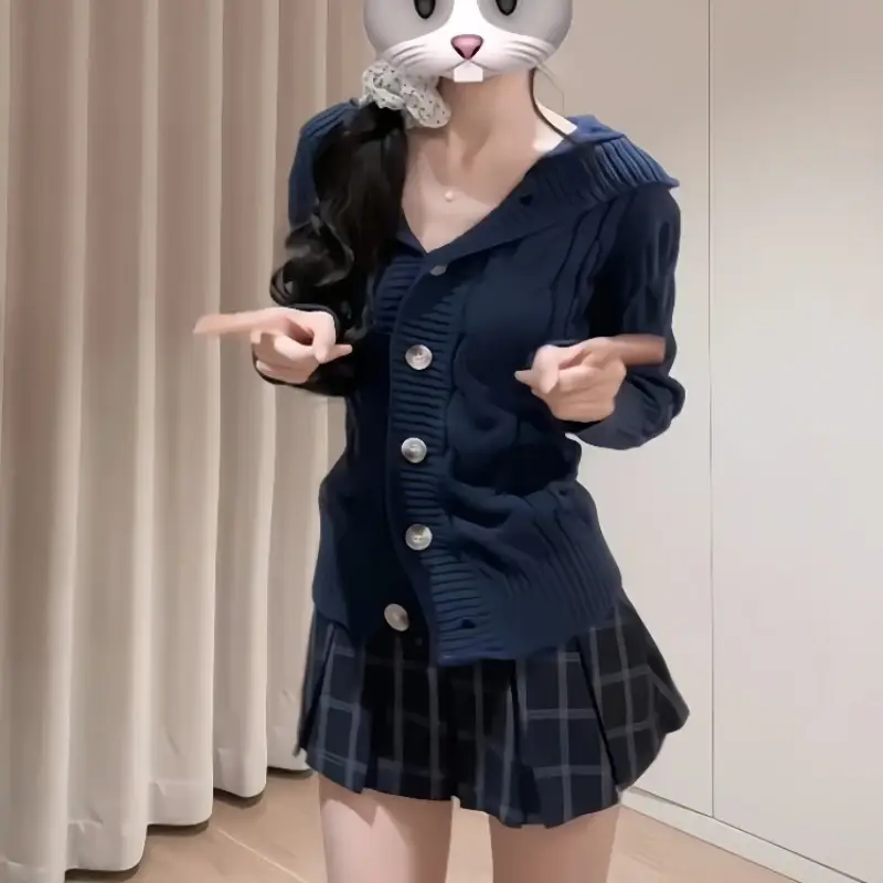 프레피 후드 니트 가디건 상세 이미지 2