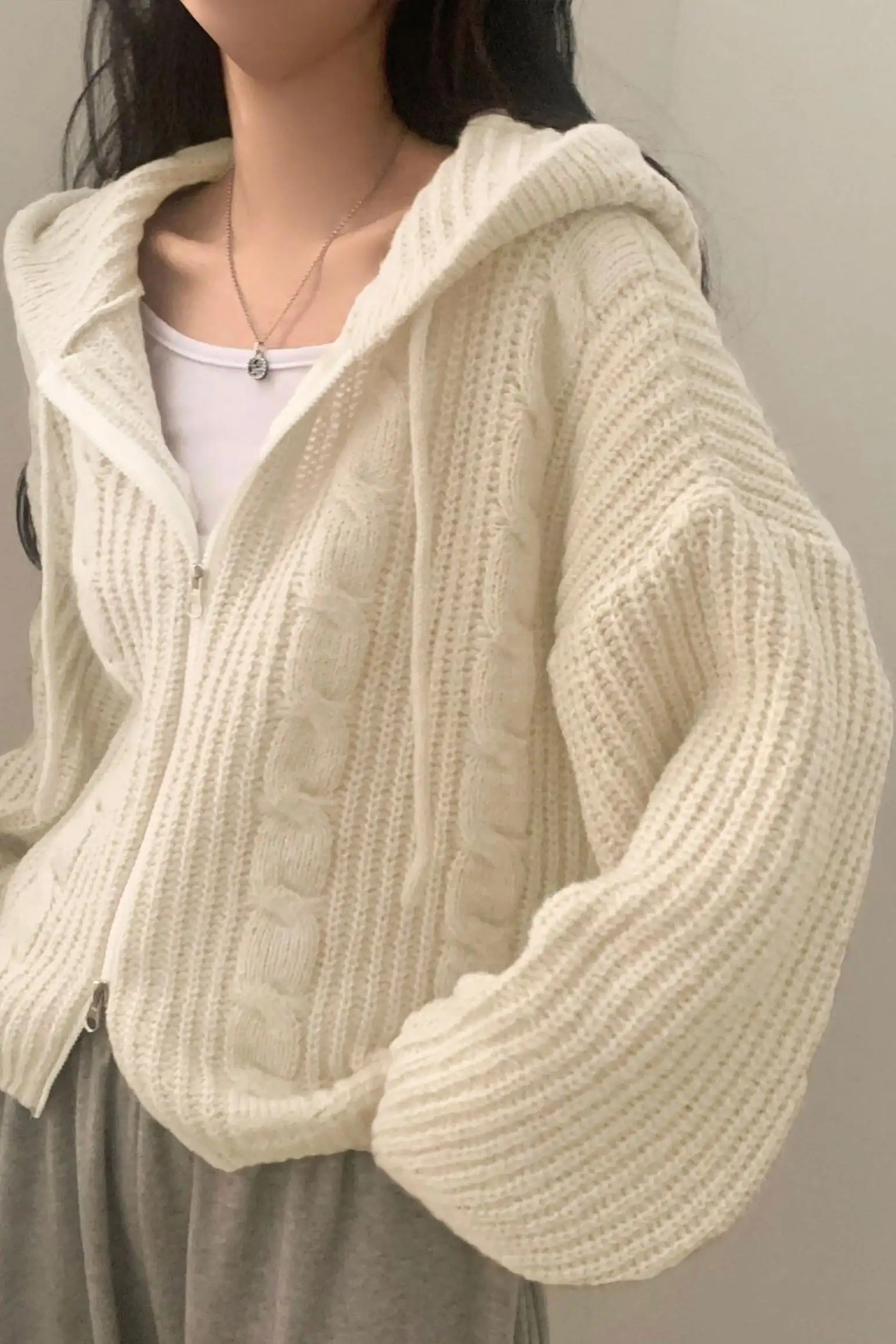 꽈배기 패턴 후드 긴소매 가디건 상세 이미지 1