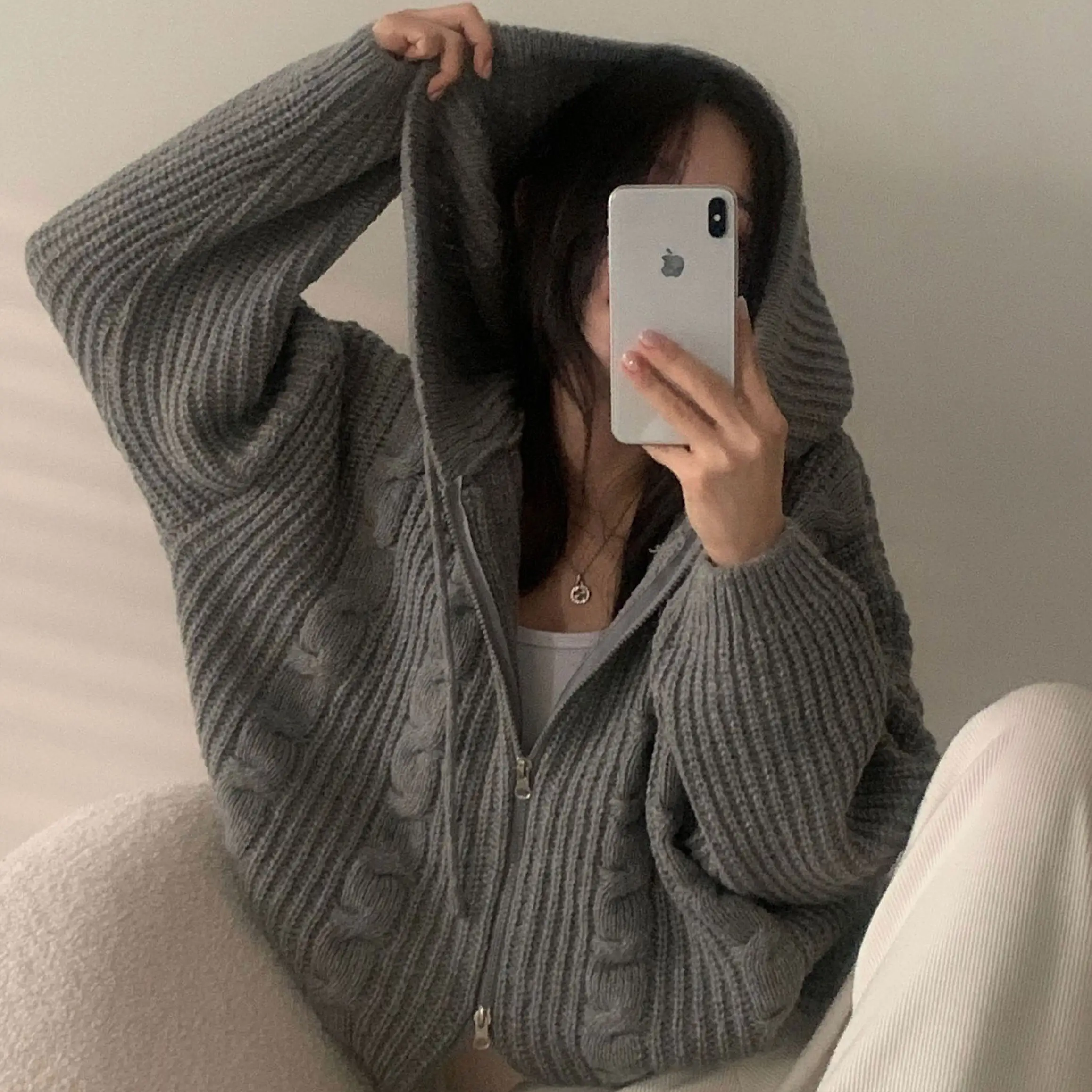 꽈배기 패턴 후드 긴소매 가디건 상세 이미지 5