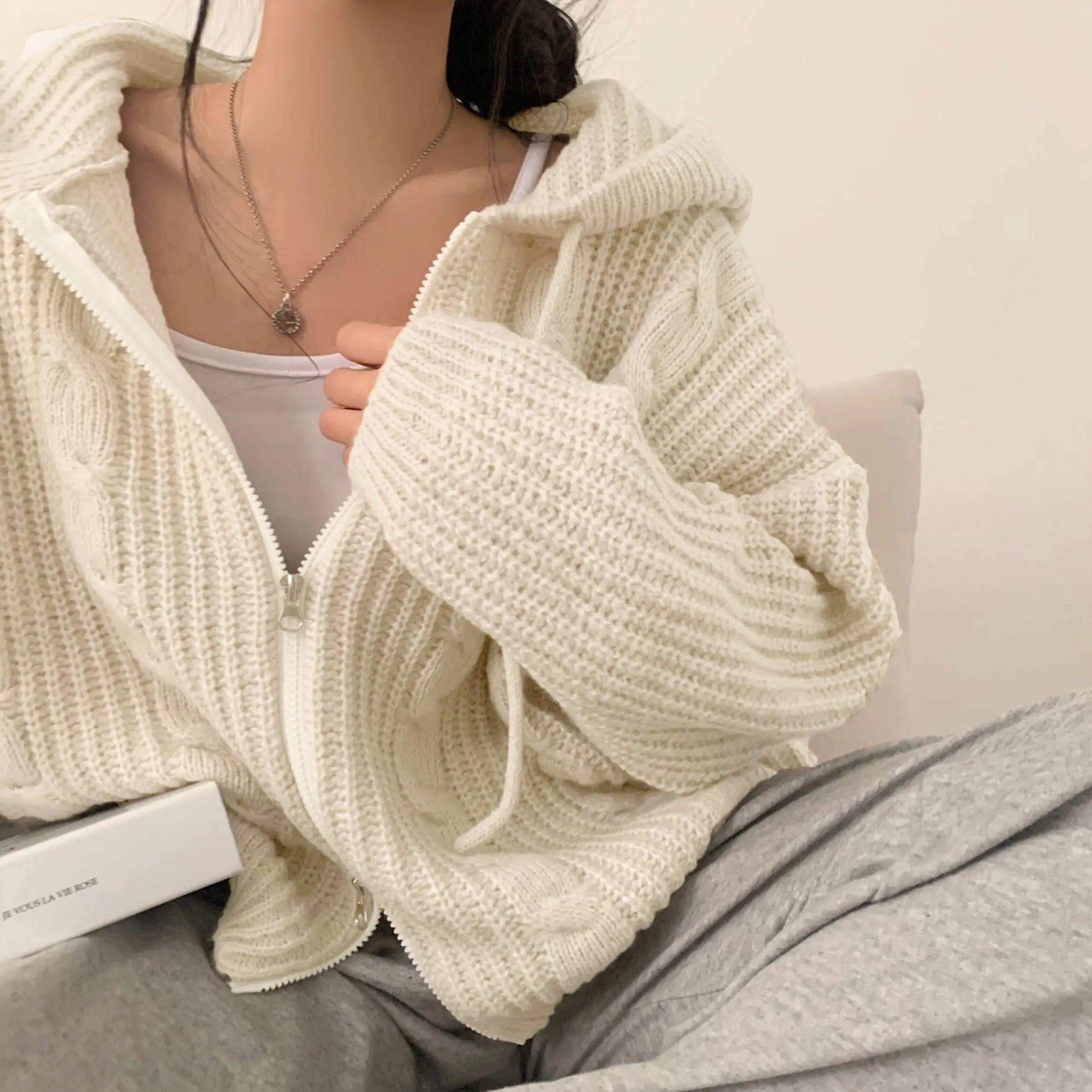 꽈배기 패턴 후드 긴소매 가디건 상세 이미지 6