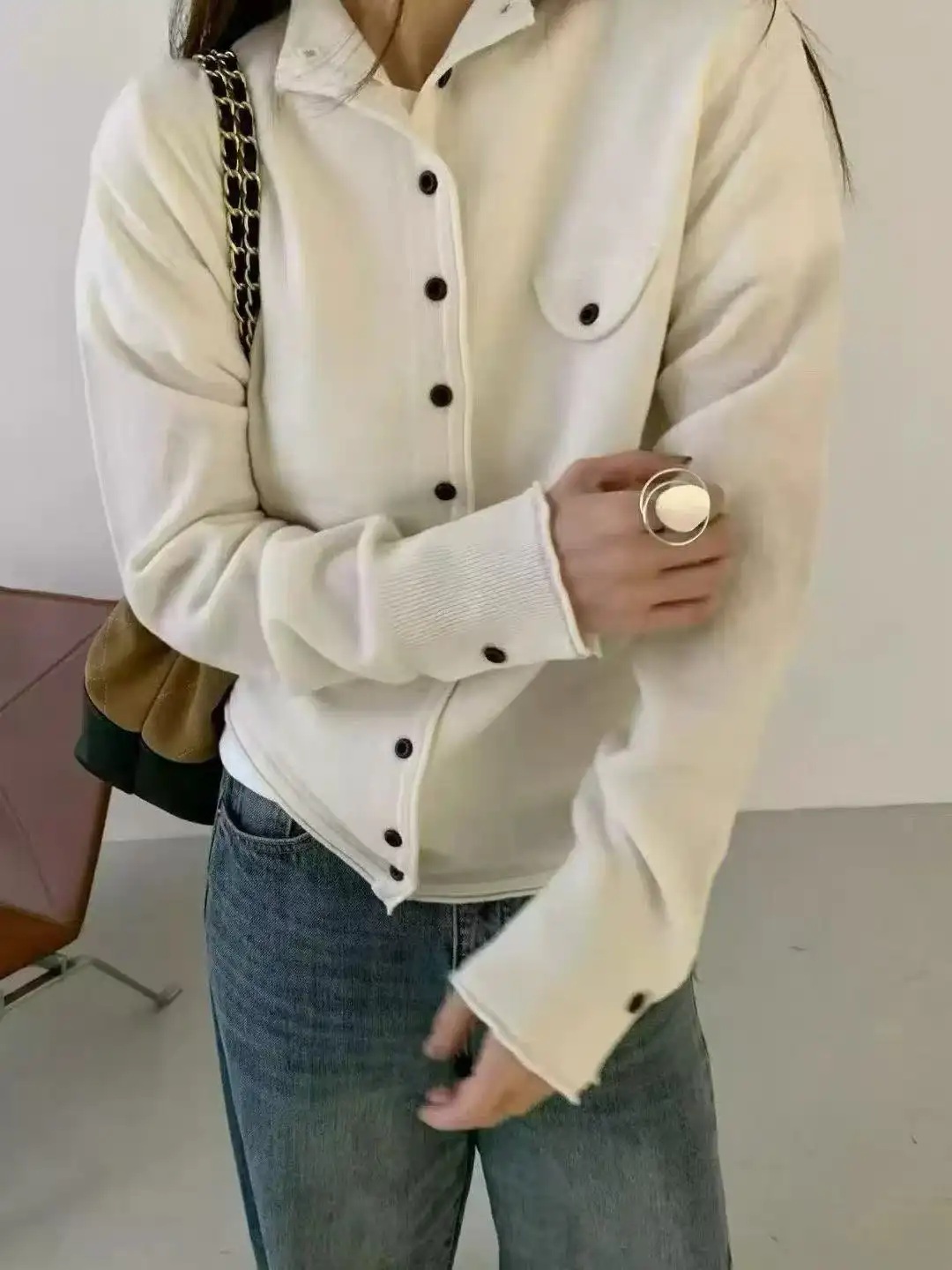 스탠드 칼라 단색 니트 가디건 상세 이미지 3