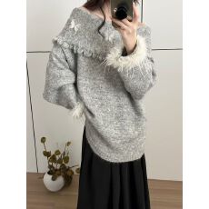 批发复古驼鸟毛蝙蝠袖毛衣女<b class='q'>秋冬</b>宽松慵懒马海毛一字领上衣