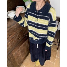 批发2025新款韩版学院风polo领条纹针织衫女宽松显瘦减龄长袖上衣