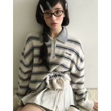 批发韩国东大门代购条纹拼色翻领长袖针织衫套头上衣毛衣2025女装<b class='q'>秋</b>冬