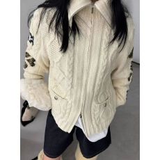 韩版洋气复古提花刺绣立领麻花针织开衫外套女