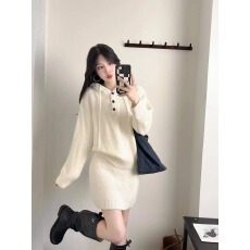 批发慵懒风连帽长袖毛衣女秋冬针织裙半身裙灰色两件套2025年秋冬新款