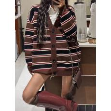 批发美式复古撞色<b class='q'>条纹</b>针织<b class='q'>开衫</b>女早秋季休闲慵懒风百搭