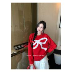 慵懒毛衣套头2025秋冬新款宽松圆领提花蝴蝶结针织衫上衣