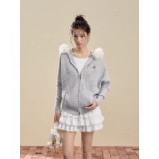 批发软糯慵懒风绞花针织开衫女连帽大毛领韩系温柔风外套秋