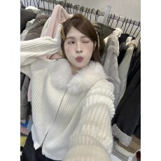 批发韩版双拉链毛领加厚针织开衫女2025冬季氛围感百搭毛衣外套潮