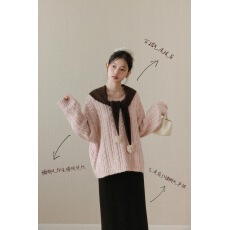 批发慵懒风粉色圆领针织毛衣女冬季新款保暖套头披肩上衣