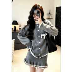 批发巨好看的冬装搭配一整套小香风木耳边毛衣开衫针织半身裙两件套装