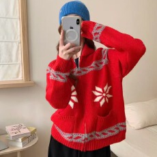 批发韩国东大门2025秋冬MOHHE 设计师百搭减龄宽松翻领图案针织衫毛衣