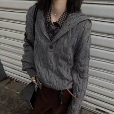 批发复古麻花高领毛衣冬季高级感慵懒风宽松针织衫半开领内搭上衣