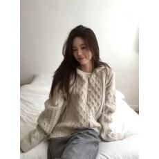 批发慵懒风连帽麻花单排扣毛衣开衫女冬季<b class='q'>韩版</b>宽松针织外套