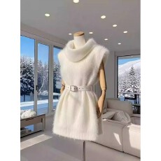 批发冷淡系独特别致裙子秋冬气质小香风白色高领<b class='q'>背心</b>连衣裙配腰带