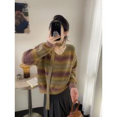 批发秋冬2025高级感慵懒风撞色渐变V领针织毛衣飘带气质上衣潮