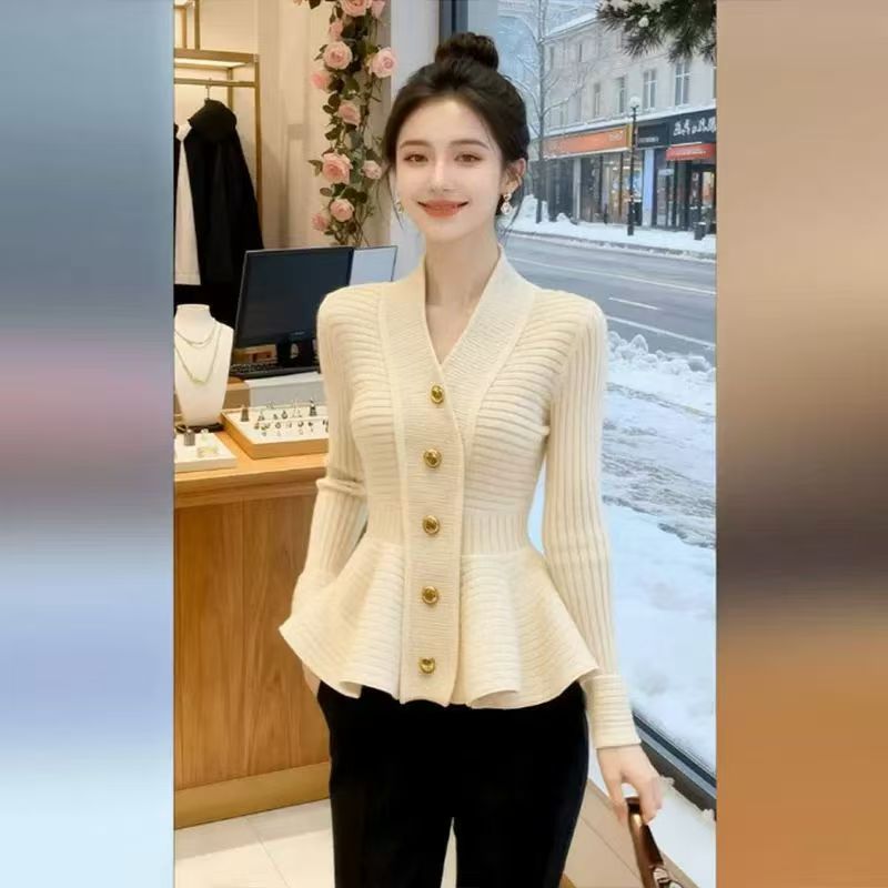 MY16017# 红色针织衫气质名媛巨好看时髦洋气收腰荷叶边打底上衣女女裝貨源服裝批發