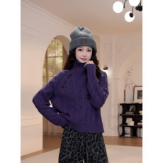 批发高领斜扣麻花细闪毛衣女秋冬慵懒风长袖针织衫