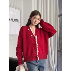 批发韩系蕾丝花边立体蝴蝶结麻花v领开衫毛衣女毛针织衫