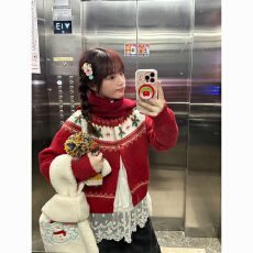 批发费尔岛圣诞红色毛衣开衫秋冬2025新款小个子复古显白短款针织上衣