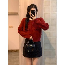 批发韩系复古红色新年蝴蝶结<b class='q'>蕾丝</b>毛衣外套女春秋冬小香风长袖针织开衫