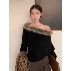 批发美式小众毛毛领斜肩<b class='q'>卫衣</b>女秋冬慵懒风宽松显瘦长袖<b class='q'>短款</b>一字肩上衣