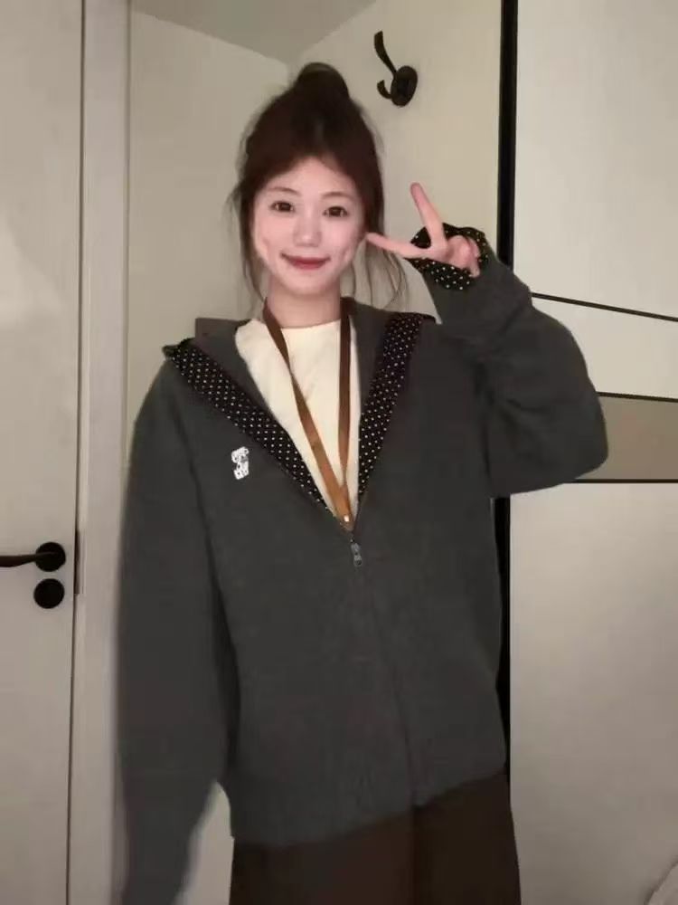 한 부서 학원 스타일 스웨터 여자 겨울 도트 무늬 패치워크 후드 니트 재킷 부드러운 찹쌀 맨위