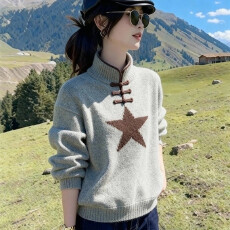 批发新中式国风灰色星星印花毛衣时尚洋气独特<b class='q'>超</b>好看<b class='q'>大码</b>宽松针织上衣
