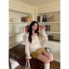 批发杏色镂空长袖针织衫女秋2026春秋新款设计感系带外搭防晒罩衫上衣