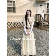 批发宋秀妍 SENIORS复古燕麦色<b class='q'>高领</b>飞飞袖<b class='q'>毛衣</b>慵懒感叠穿短袖针织衫女