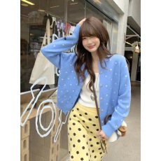 波点蓝色开衫毛衣外套女春秋季法式复古慵懒风高级感上衣宽松百搭