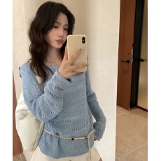 批发2026年柠檬绿茶春设计感系<b class='q'>镂空</b>小众时尚减龄显瘦针织<b class='q'>衫</b>配腰带