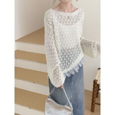 批发纯色镂空针织衫女宽松2026春<b class='q'>夏季</b>新款圆领套头长袖防晒显瘦上衣潮