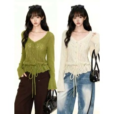 批发绿色软糯V领毛衣女2026春<b class='q'>秋</b>新款法式温柔风高级感抽绳针织衫上衣