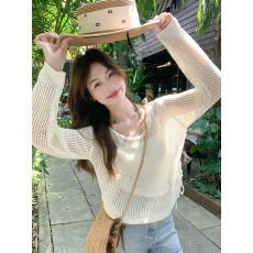 批发早<b class='q'>春</b>韩系白色镂空薄款针织衫女夏季宽松慵懒防晒罩衫上衣