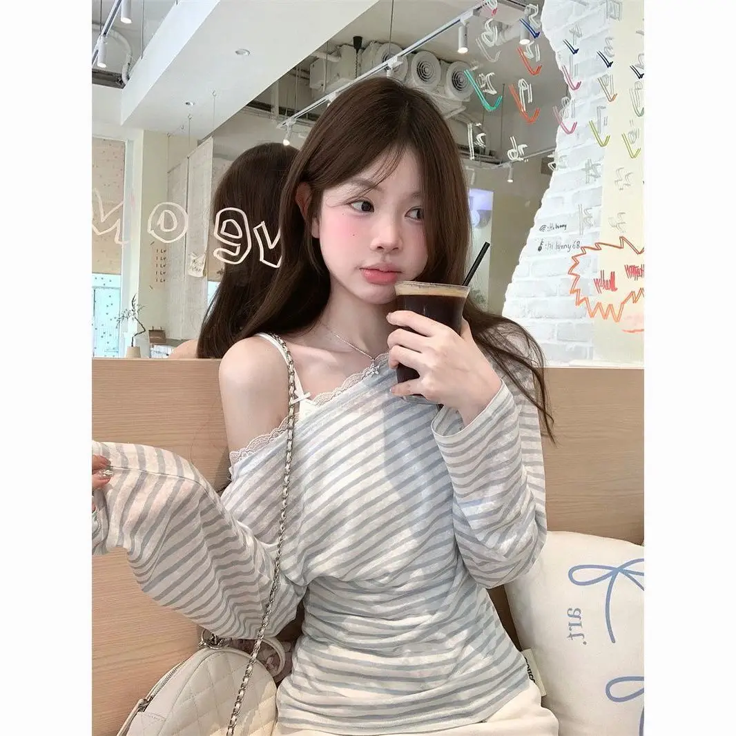 레이스 배색 원숄더 긴소매 티셔츠 상세 이미지 5