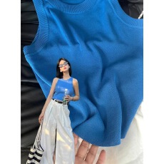 批发克莱因蓝色针织工字<b class='q'>吊带</b><b class='q'>背心</b>女夏外穿设计感小众宝蓝色无袖上衣