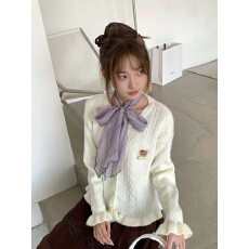 批发韩系氛围感麻花纹圆领软糯毛衣女秋<b class='q'>冬</b>宽松甜美风针织衫温柔风外套