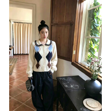 批发复古学院 | 手工菱格提花针织开衫女气质时尚女士针织外套早<b class='q'>春</b>