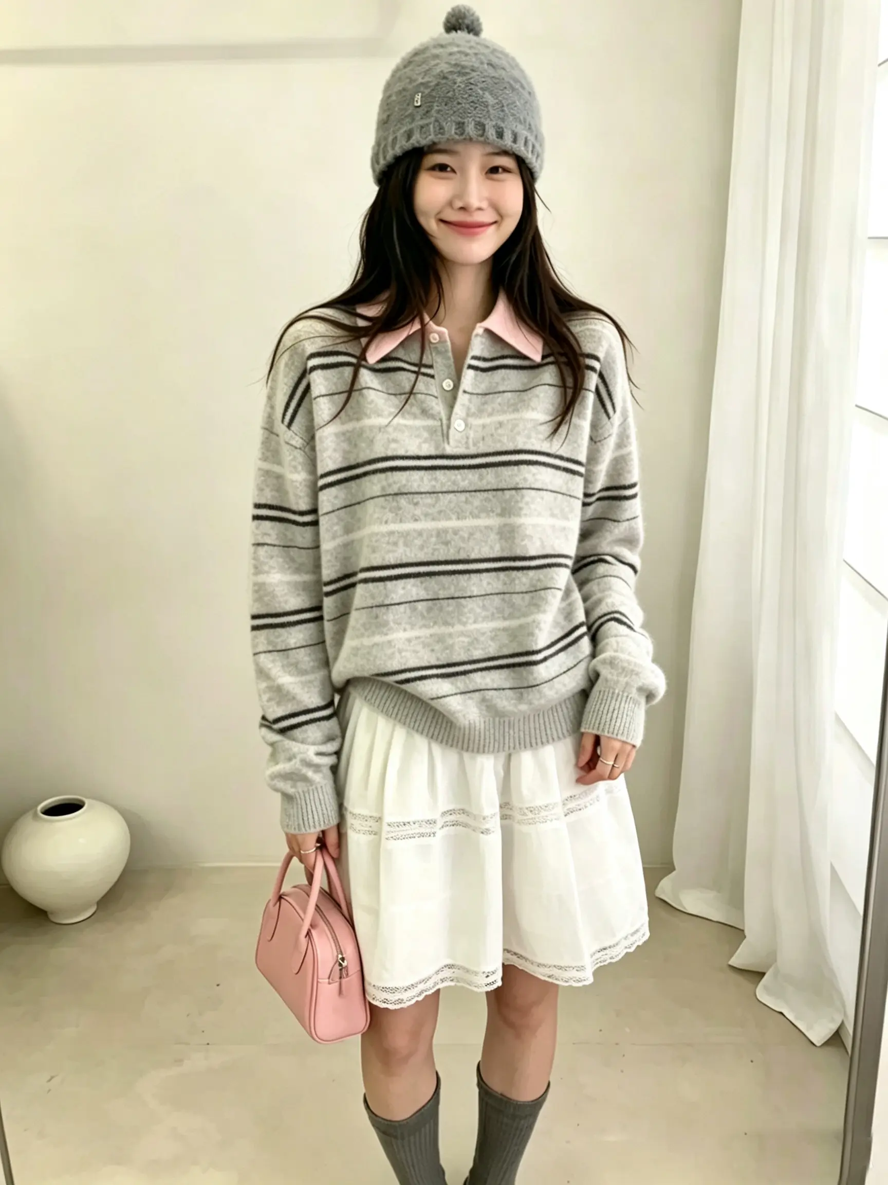 한국인기 배색 스트라이프 폴드 칼라 긴소매 니트 상세 이미지 4