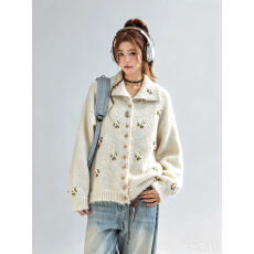 批发<b class='q'>手工</b>绣花立领翻领羊毛混纺奶油柔软森女开衫<b class='q'>毛衣</b>